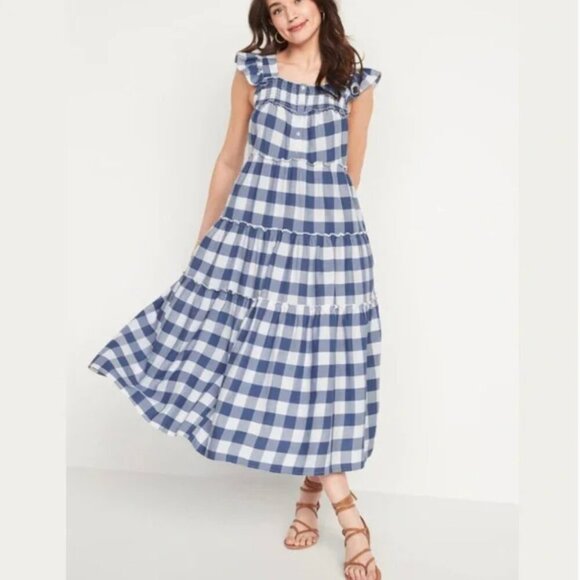 Old Navy Women's Blue Flutter Sleeve Tiered Smocked Gingham Midi Swing Dress 2X - Picture 1 of 8